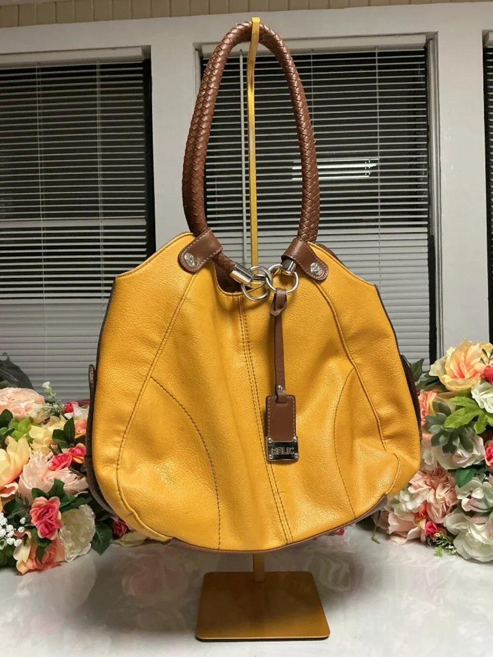 Relic Mustard Yellow Hobo Shoulder Bag Brown Braided Handles Y2K